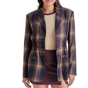 Steve Madden Frida Brown and Navy Plaid Cinched Waist Jacket Size XL NWT